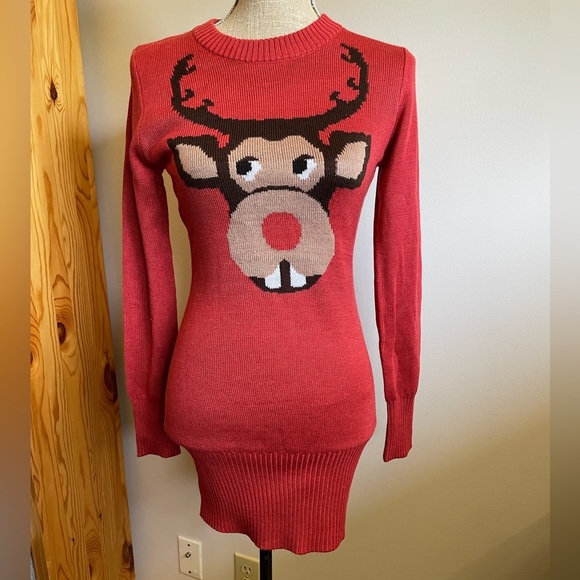 TIPSY ELVES- Women's Red Reindeer Sweater Dress - Picture 1 of 4